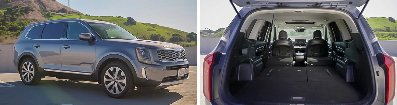 Grey Kia Telluride parked on the roof of a parking deck with rolling hills in the background; left image shows vehicle exterior from the passenger side, right image shows vehicle interior through the open trunk hatch with back seats in downward position.