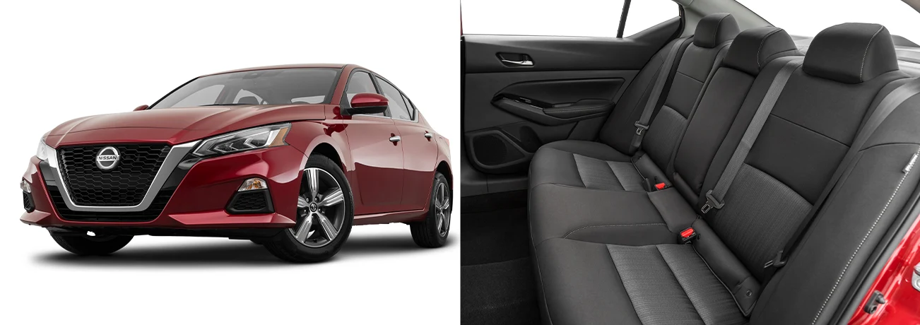2022 Red Nissan Altima side by side images of the exterior and interior black cloth backseats