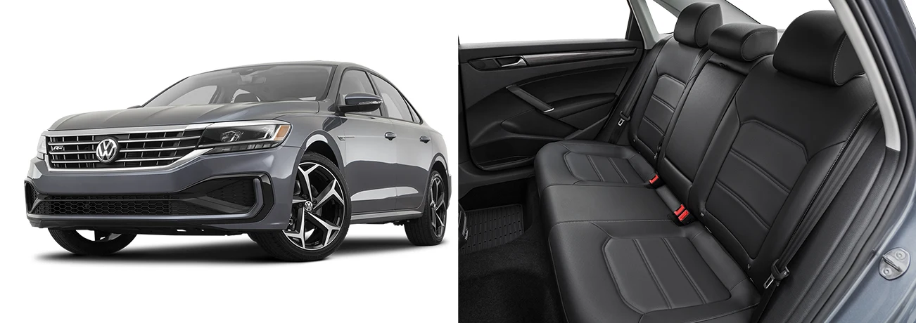 2020 Volkswagen Passat side by side images of the exterior and interior black cloth backseats
