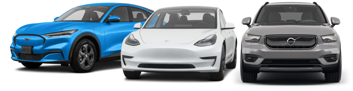 Powertrain page hero banner with blue Mustang Mach-E, white Model 3, and grey XC40 Recharge