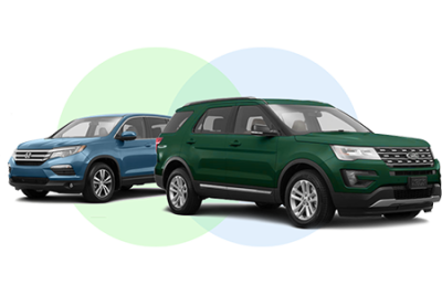 green and blue SUVs with 3 rows