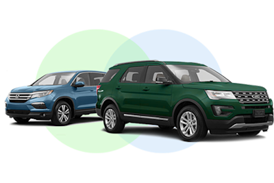 green and blue SUVs with 3 rows