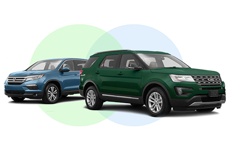 green and blue SUVs with 3 rows