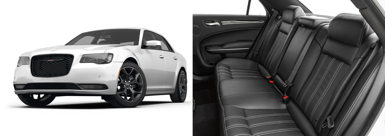 2022 White Chrysler 300S side by side images of the exterior and interior black backseats