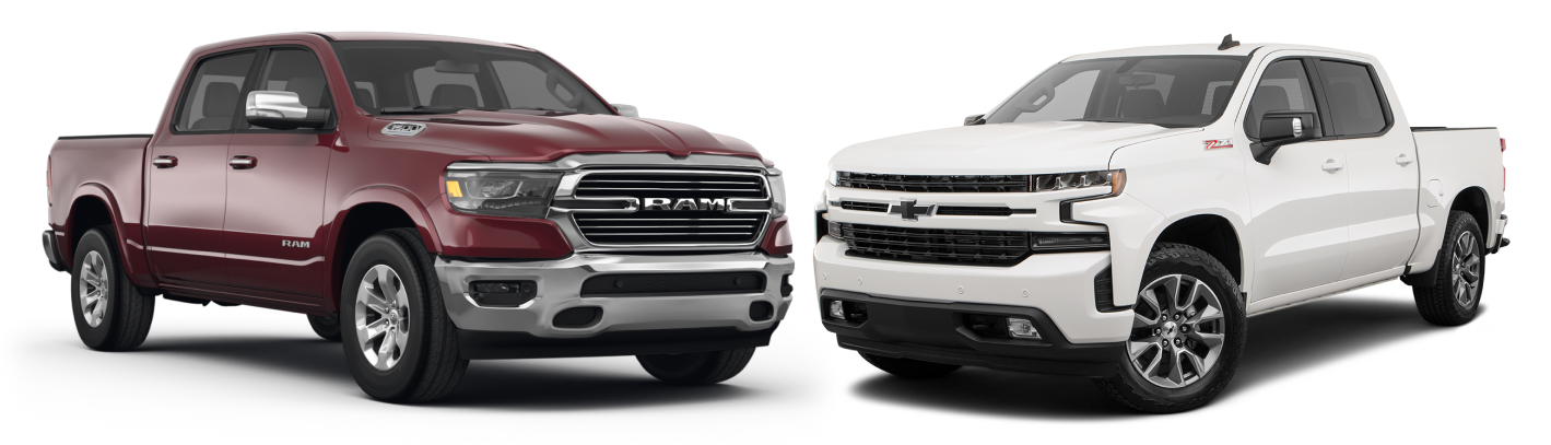 Trucks Ram 1500 laramie and Chevy Silverado at three-quarter angle facing each other 