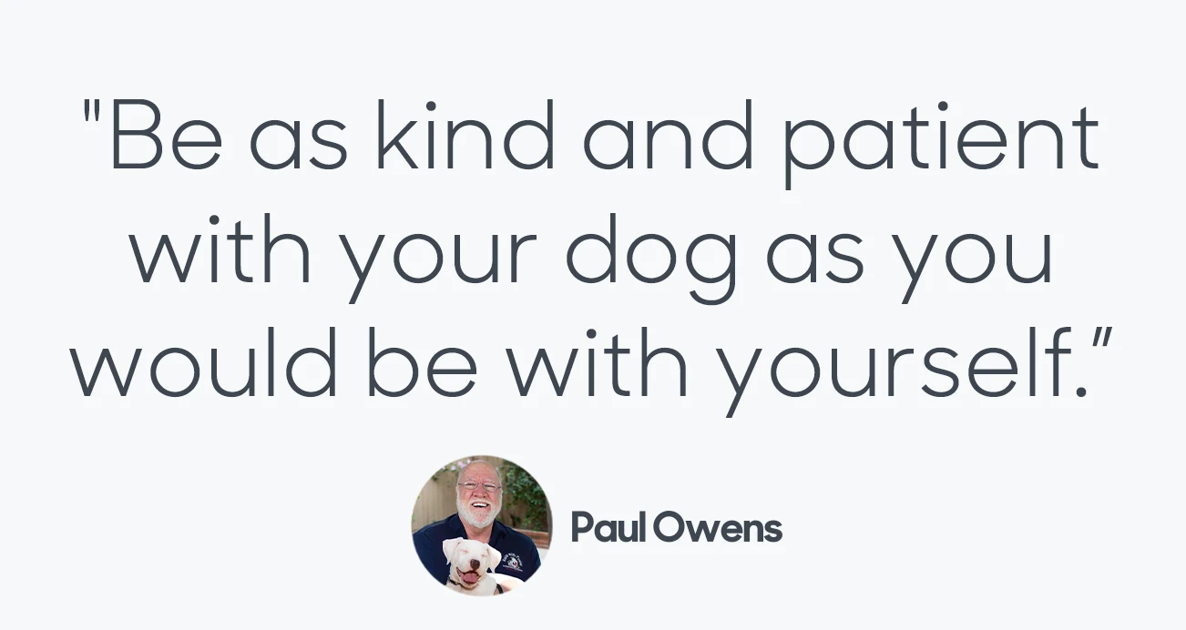 Dog Expert Paul Owens quote: "Be as kind and patient with your dog as you would be with yourself,"