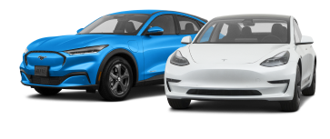 Powertrain page hero banner with blue Mustang Mach-E and white Model 3