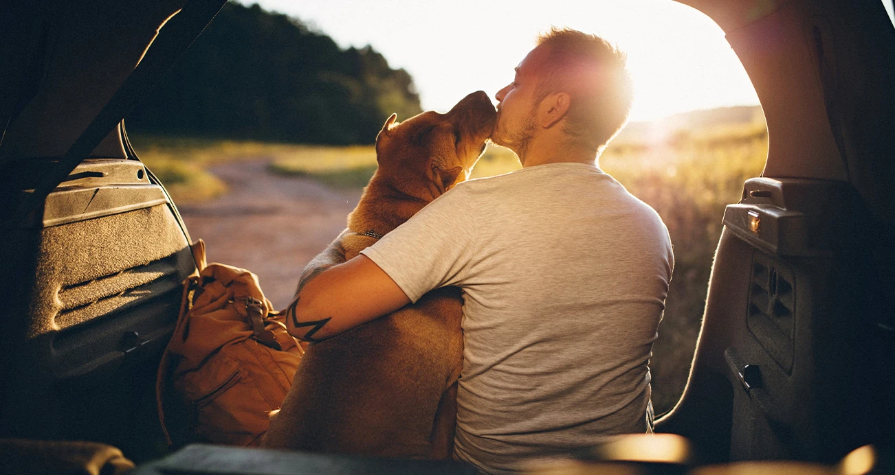 Man sitting in trunk of car kissing brown dog watching sunset on a country road
