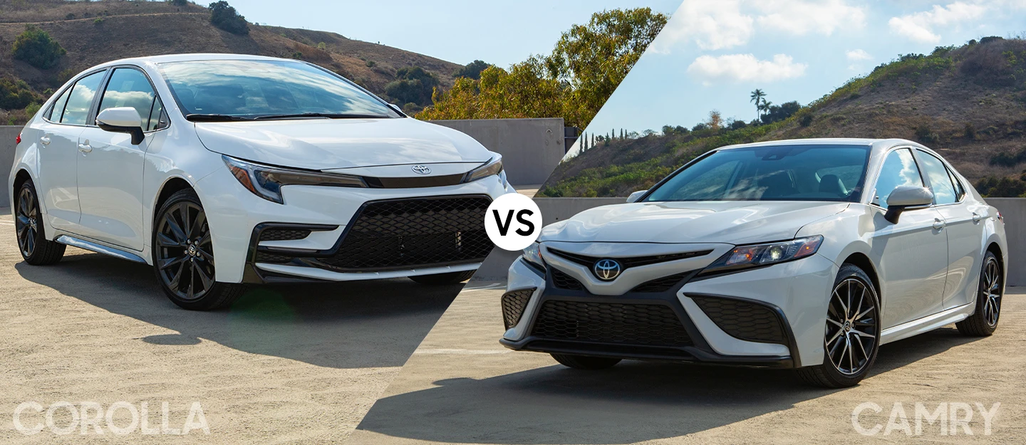 Split screen of white 2024 Toyota Camry and white 2024 Toyota Corolla