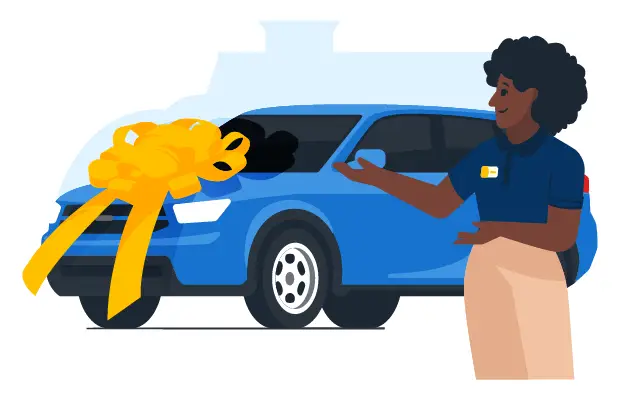 CarMax associate presenting a new to you blue SUV with big yellow ribbon on hood