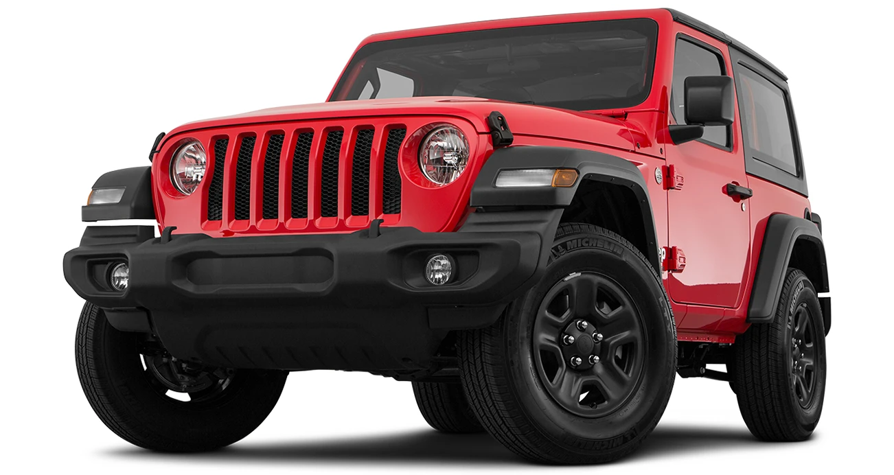 Exterior view of a red 2021 Jeep Wrangler Sport
