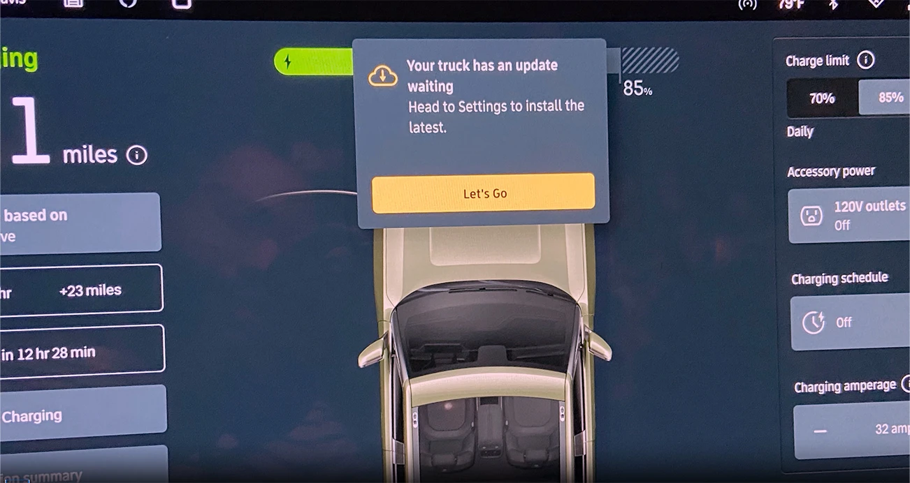 Trucks infotainment screen displaying a software update notification