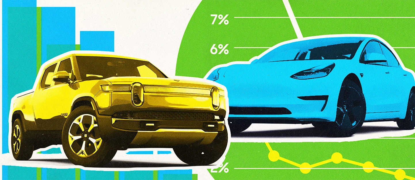 Illustration of a Rivian R1T and Tesla Model 3