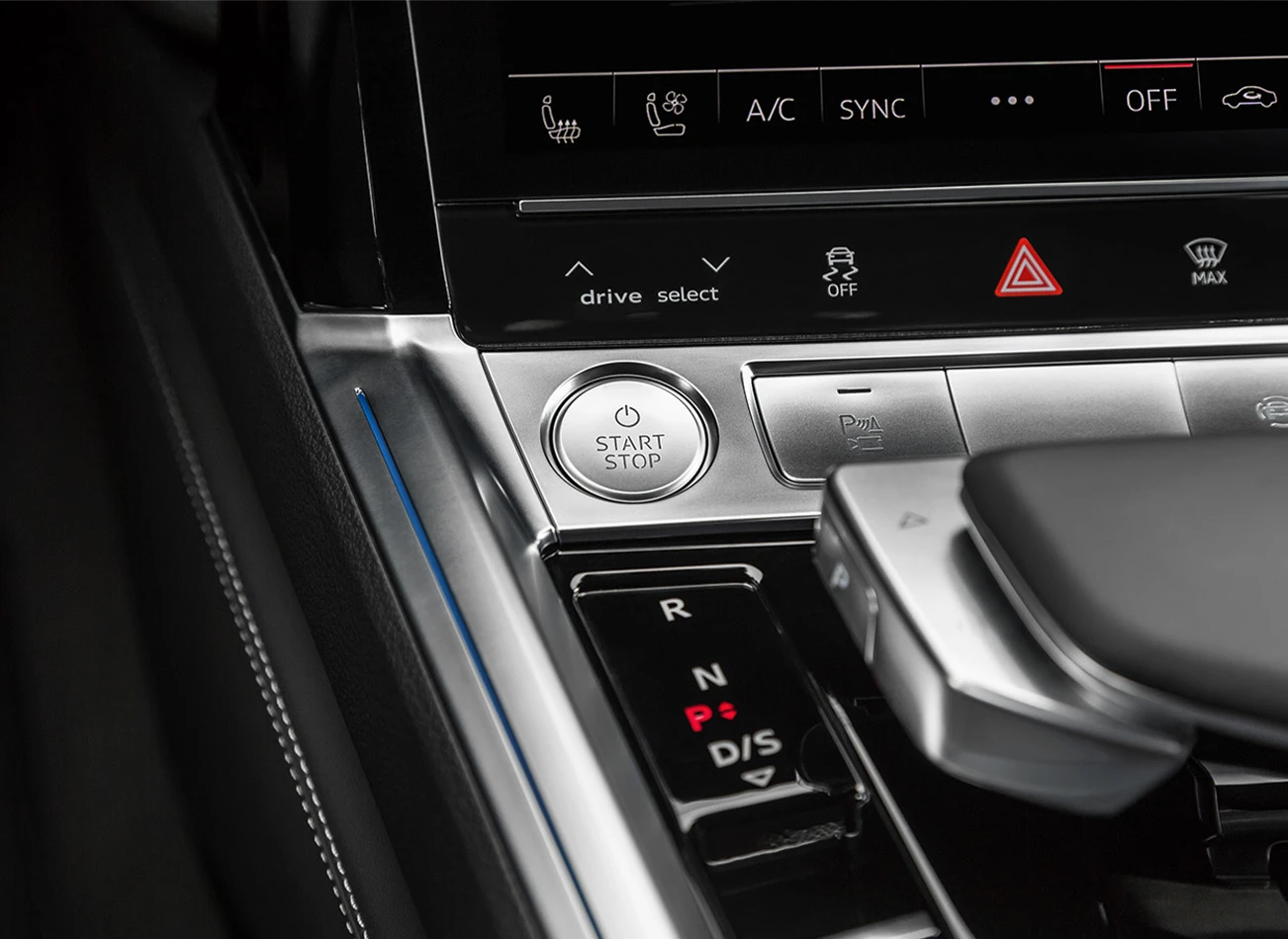 2019 Audi e-tron: Push to start button and gear shifter