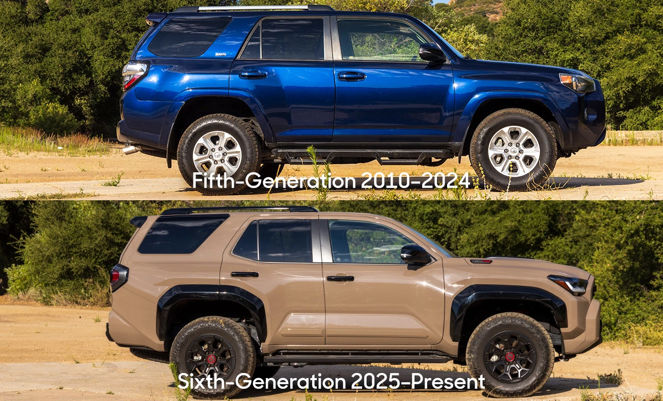 Blue fifth-gen 4Runner, side view, dirt road, trees behind stacked about Brown Sixth-gen 4Runner