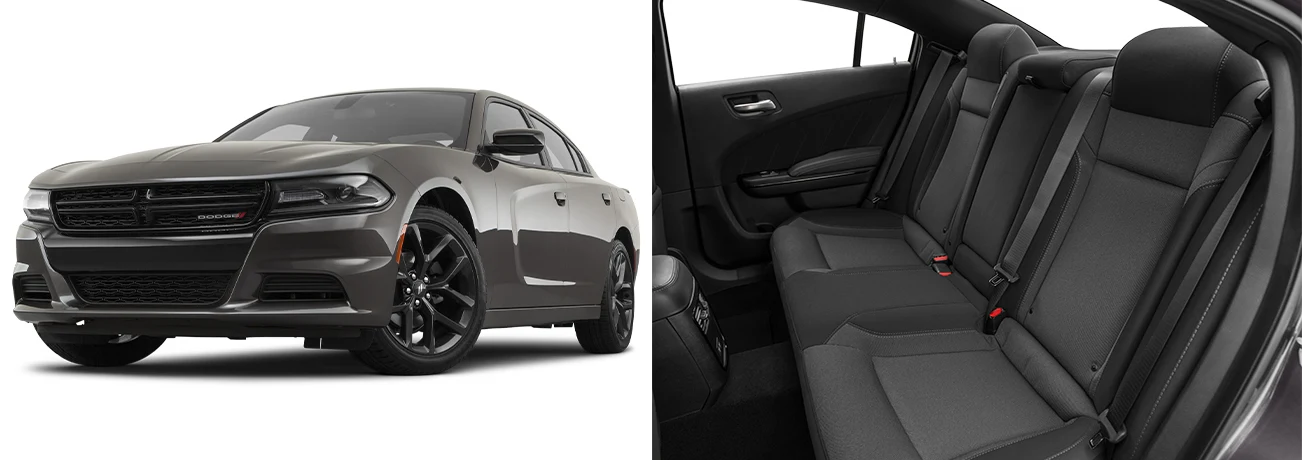 A 2021 Black Dodge Charger side by side images of the exterior and interior black cloth backseats