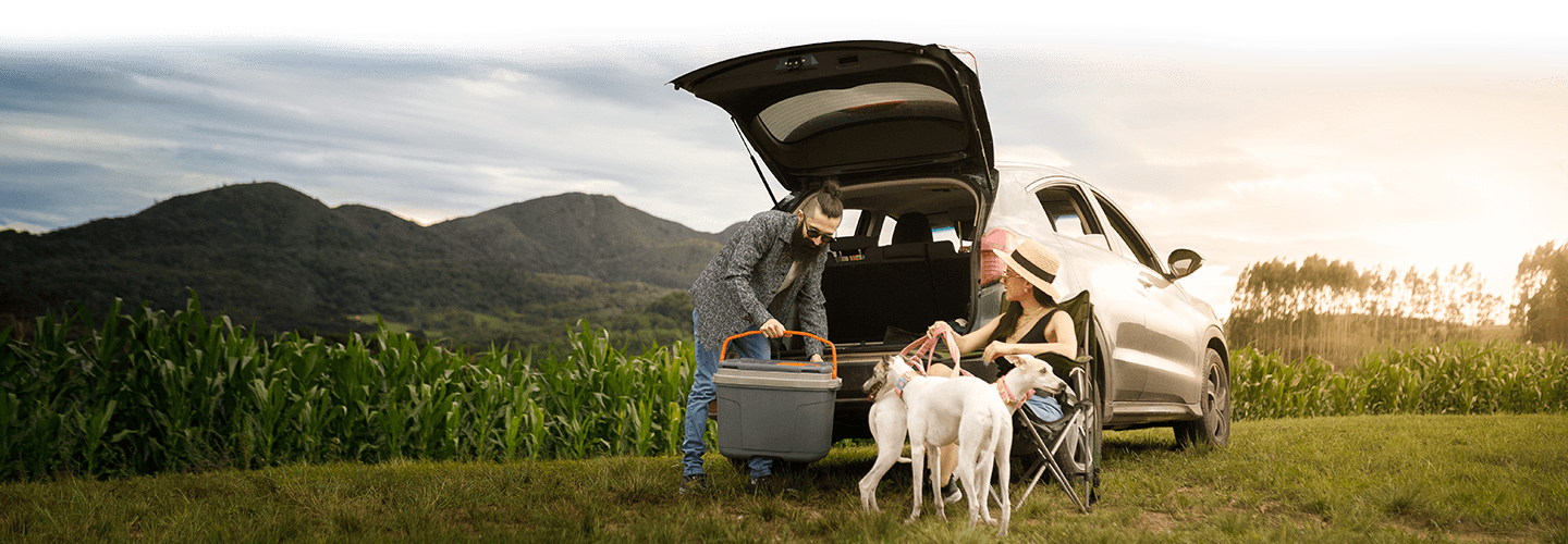 Couple with two dogs setting up a picnic infront of their electric car mountains in background