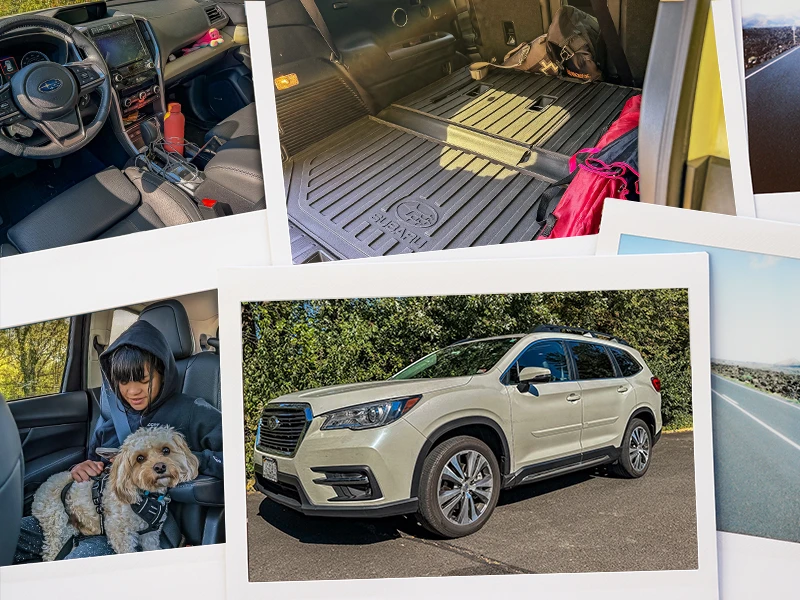 A collage of instant-style photos show the interior and exterior of the Subaru Ascent. One photo shows a child in a black hoodie holding a white fluffy dog wearing a black harness.