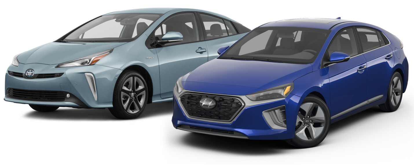 Hero Teal Toyota Prius and Blue Hyundai Ioniq
