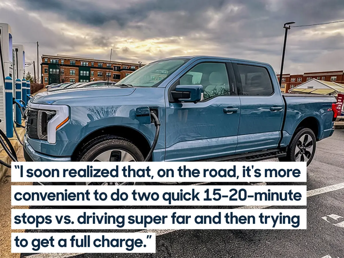 Blue truck plugged in at EV charging station with overlaid quote
