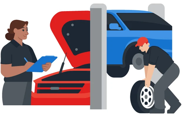 Cartoon displaying auto technician holding a clipboard inspecting a vehicle while another technician changes out a wheel  