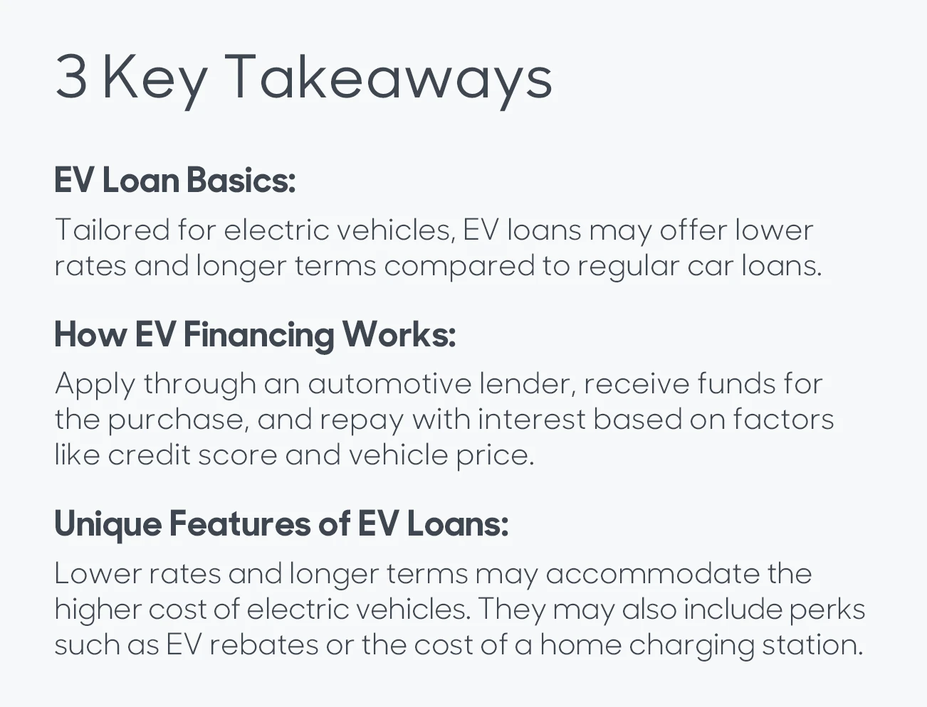 Graphic highlights the three key takeaways on Electric Vehicle financing