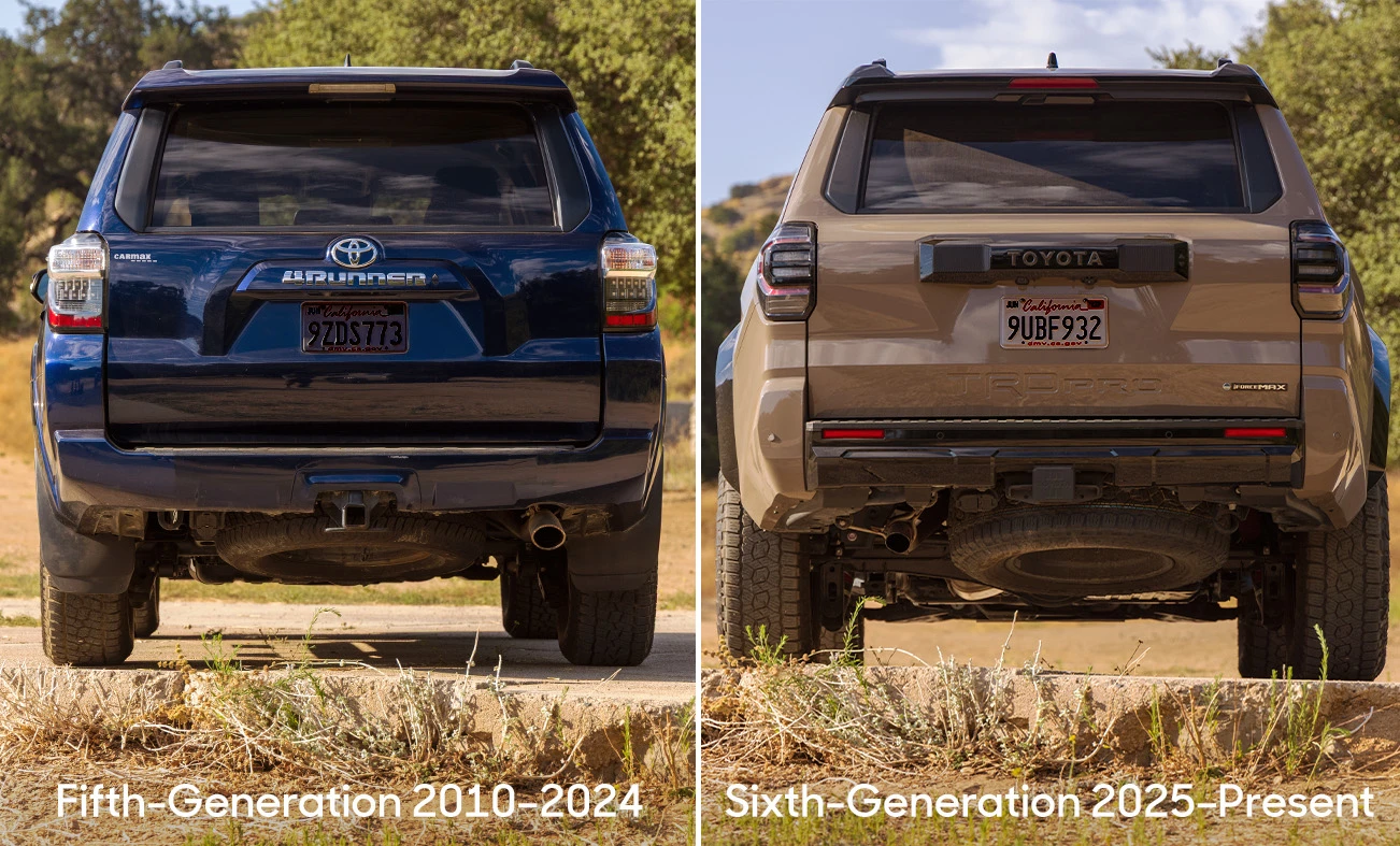 Rear view comparison of a blue fifth-generation Toyota 4Runner and a brown sixth-generation Toyota 4Runner, parked on a dirt road with trees in the background.