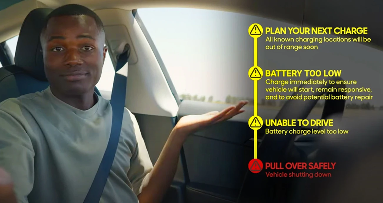 Man sitting in driver seat of Electric Vehicle infographic to side of screen displays battery charge warnings 