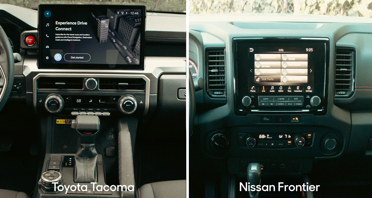 Toyota Tacoma  and Nissan Frontier side by side of infotainment screens