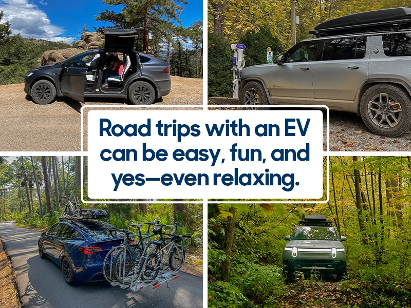 A collage of instant-style images display six different photos of Electric Vehicles in various forest scenes, some hauling bicycles and rooftop storage racks.