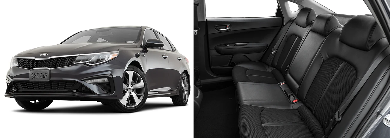 2020 Black Kia Optima side by side images of the exterior and interior black backseats
