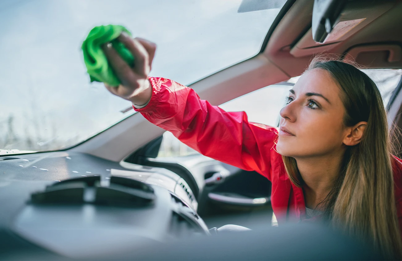 Woman cleaning her windshield with microfiber cloth