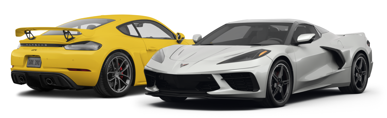 Chevrolet Corvette front, quarter view and Porsche Cayman, rear quarter view