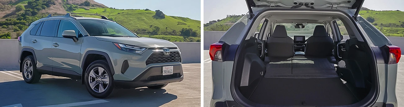 Side-by-side images of grey-blue Toyota parked on the roof of a parking deck with rolling hills in the background; left image shows vehicle exterior from the passenger side, right image shows vehicle interior through the open trunk hatch with back seats in downward position