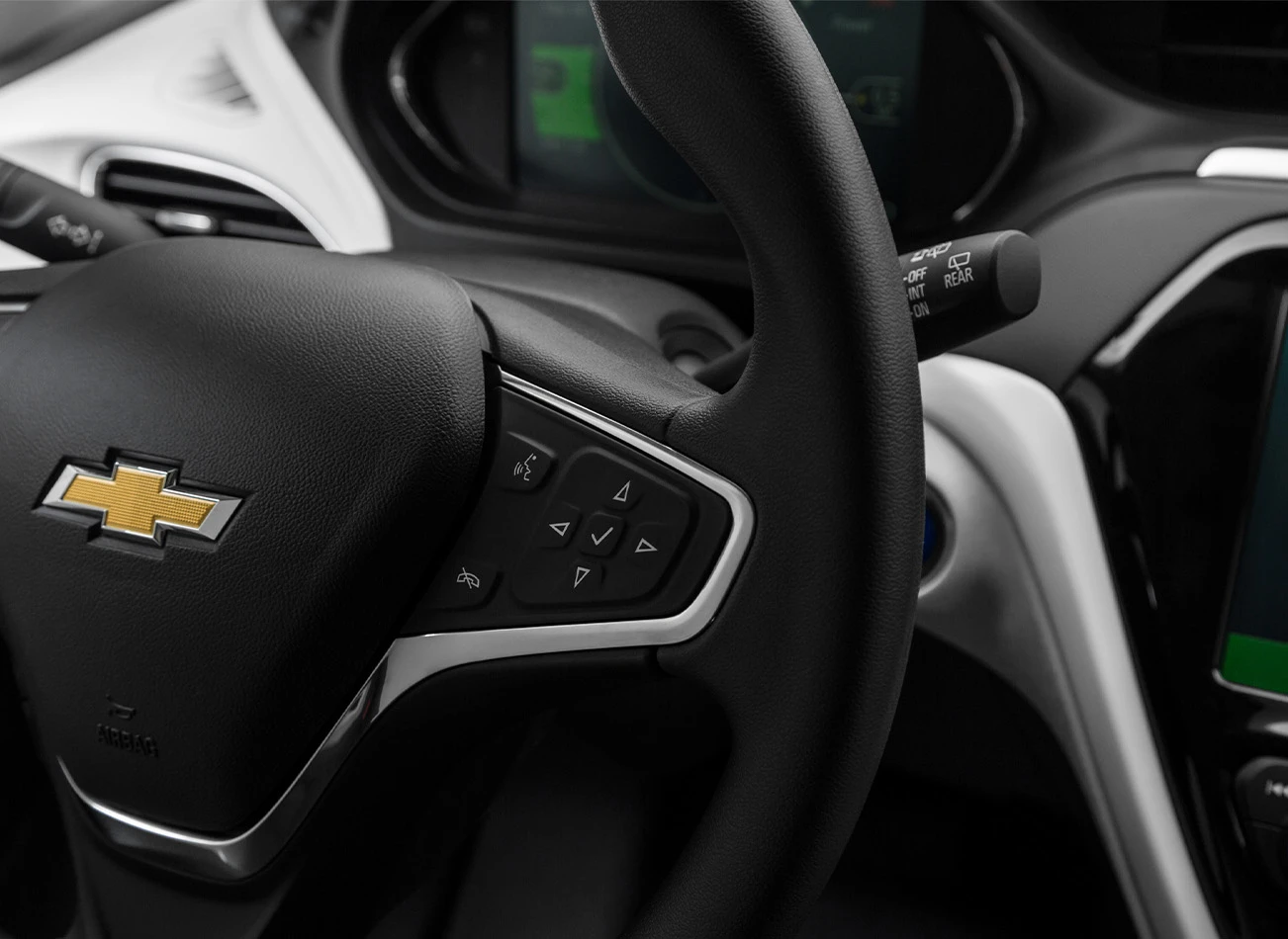 2017 Chevrolet Bolt EV Review: Steering wheel and chevrolet emblem | CarMax