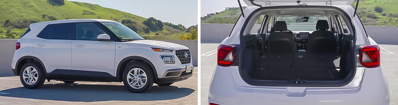 Side-by-side images of White Hyundai on the roof of a parking deck with rolling hills in the background. Left image shows car exterior from the passenger side, right image displays car interior through open trunk with back seats in the downward position.