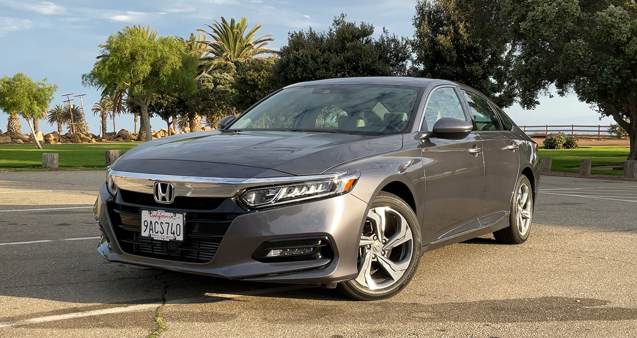 Front view of a gray 10th-generation Honda Accord sedan 2018-present parked in parking lot
