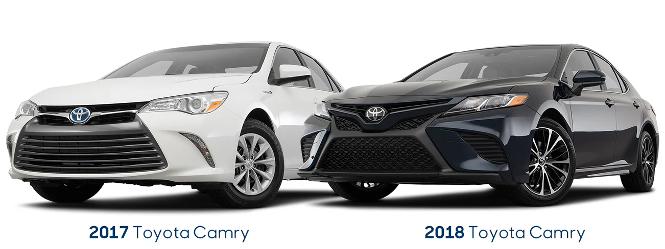 White 2017 Toyota Camry and Black 2018 Toyota Camry side by side