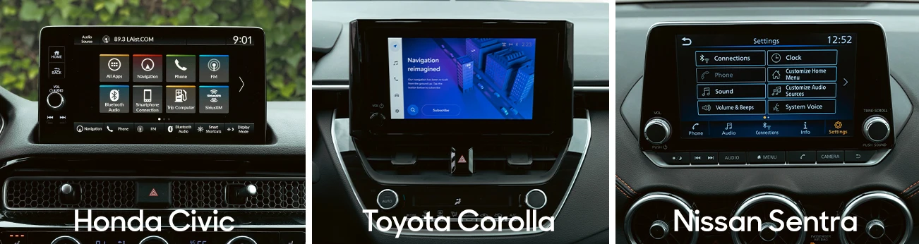 Honda Civic Toyota Corolla Nissan Sentra infotainment screens side by side